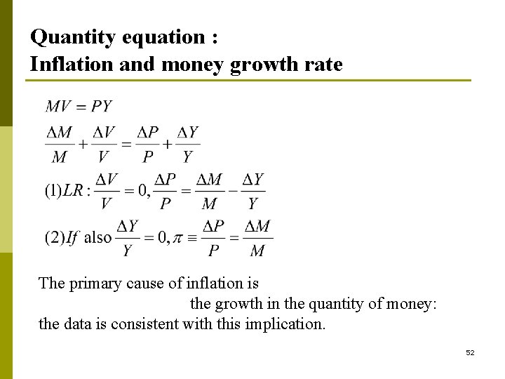 Quantity equation : Inflation and money growth rate The primary cause of inflation is Quantity equation : Inflation and money growth rate The primary cause of inflation is