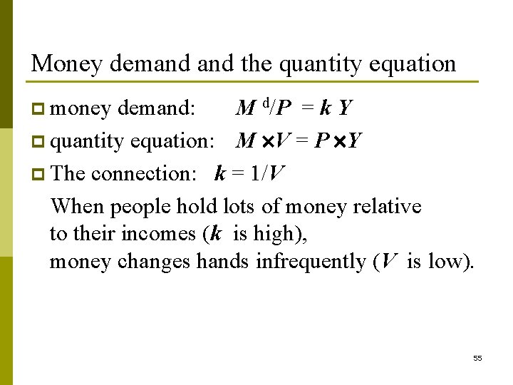 Money demand the quantity equation p money demand: M d/P = k Y p Money demand the quantity equation p money demand: M d/P = k Y p