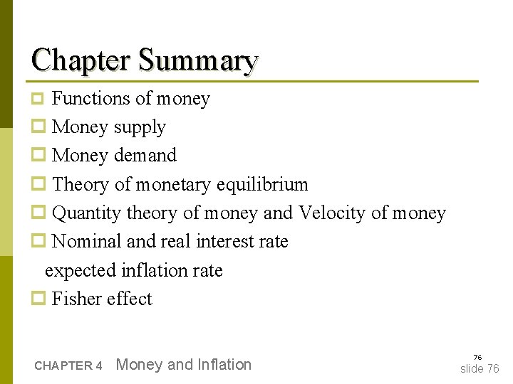Chapter Summary p Functions of money p Money supply p Money demand p Theory Chapter Summary p Functions of money p Money supply p Money demand p Theory