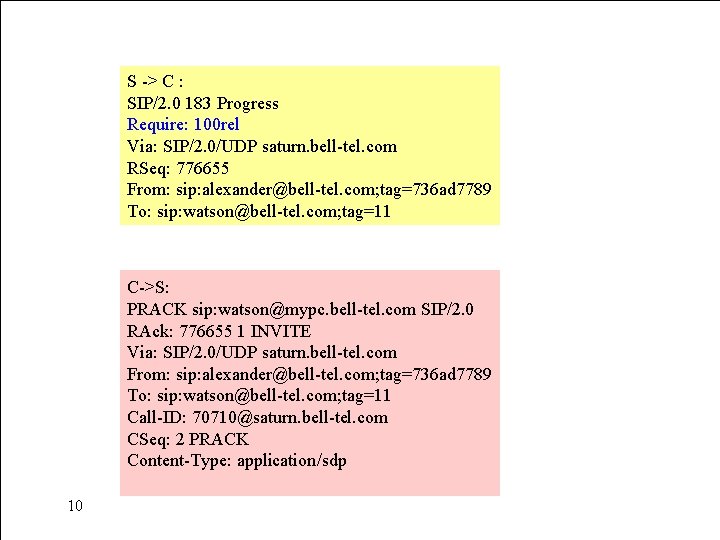 S -> C : SIP/2. 0 183 Progress Require: 100 rel Via: SIP/2. 0/UDP