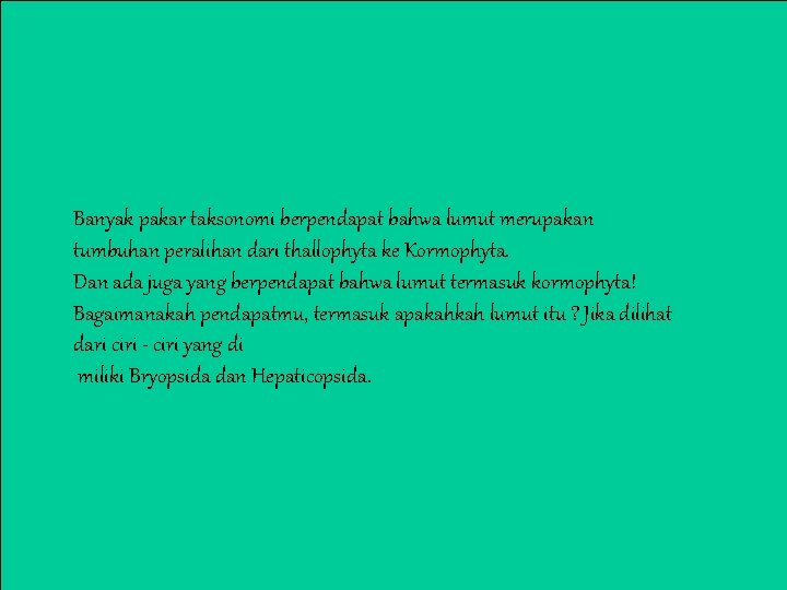 Banyak pakar taksonomi berpendapat bahwa lumut merupakan tumbuhan peralihan dari thallophyta ke Kormophyta. Dan