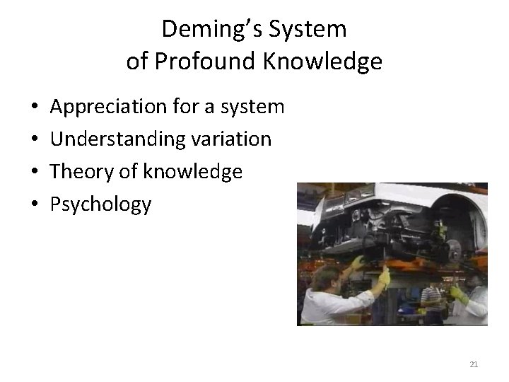 Deming’s System of Profound Knowledge • • Appreciation for a system Understanding variation Theory