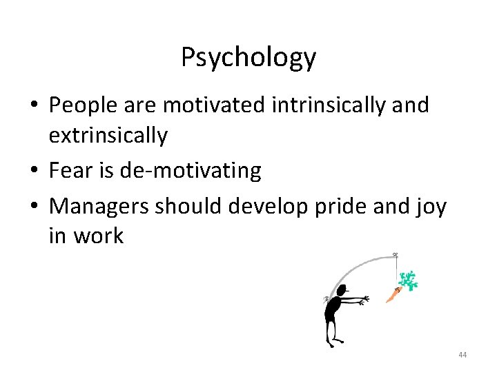 Psychology • People are motivated intrinsically and extrinsically • Fear is de-motivating • Managers