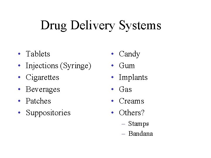 Drug Delivery Systems • • • Tablets Injections (Syringe) Cigarettes Beverages Patches Suppositories • Drug Delivery Systems • • • Tablets Injections (Syringe) Cigarettes Beverages Patches Suppositories •