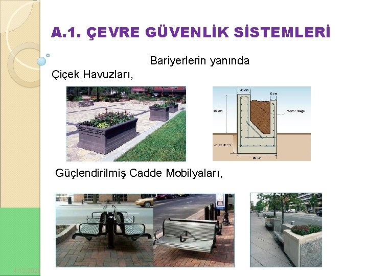 A. 1. ÇEVRE GÜVENLİK SİSTEMLERİ Bariyerlerin yanında Çiçek Havuzları, Güçlendirilmiş Cadde Mobilyaları, 4. 12.