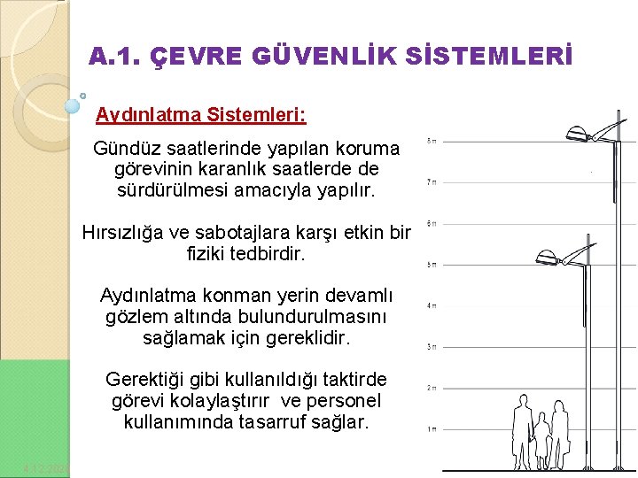 A. 1. ÇEVRE GÜVENLİK SİSTEMLERİ Aydınlatma Sistemleri: Gündüz saatlerinde yapılan koruma görevinin karanlık saatlerde