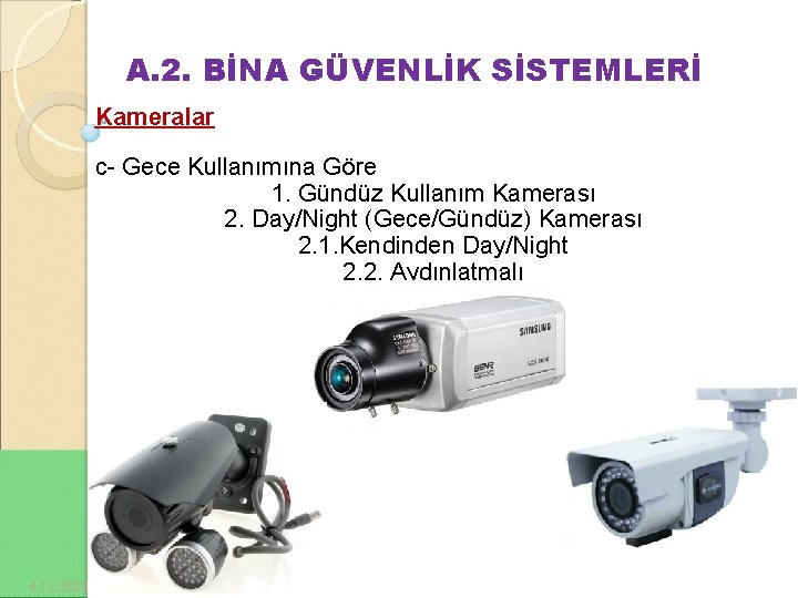 A. 2. BİNA GÜVENLİK SİSTEMLERİ Kameralar c- Gece Kullanımına Göre 1. Gündüz Kullanım Kamerası