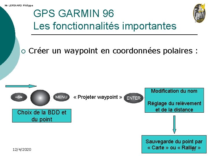 Mr LEPINARD Philippe GPS GARMIN 96 Les fonctionnalités importantes ¡ Créer un waypoint en