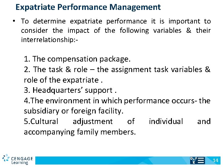 Expatriate Performance Management • To determine expatriate performance it is important to consider the