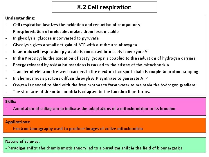 8. 2 Cell respiration Understanding: - Cell respiration involves the oxidation and reduction of