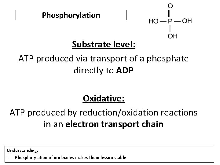 Phosphorylation Substrate level: ATP produced via transport of a phosphate directly to ADP Oxidative: