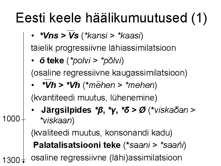Eesti keele häälikumuutused (1) 1000 1300 • *Vns > Vs (*kansi > *kaasi) täielik