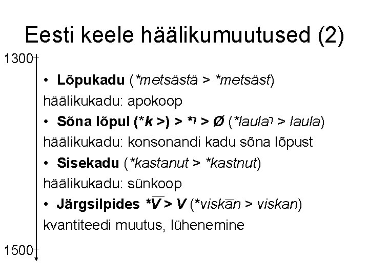 Eesti keele häälikumuutused (2) 1300 • Lõpukadu (*metsästä > *metsäst) häälikukadu: apokoop • Sõna