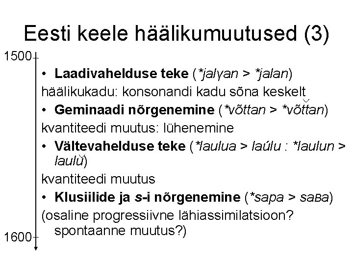 Eesti keele häälikumuutused (3) 1500 • Laadivahelduse teke (*jalγan > *jalan) häälikukadu: konsonandi kadu