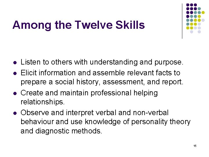 Among the Twelve Skills l l Listen to others with understanding and purpose. Elicit