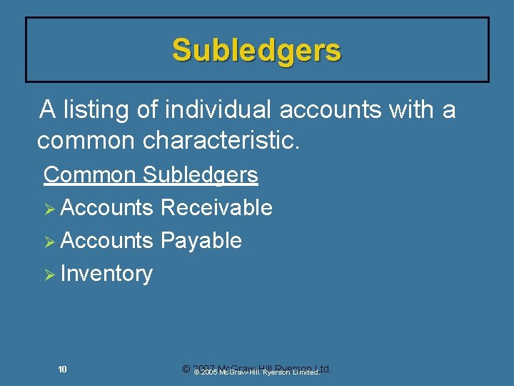 Subledgers A listing of individual accounts with a common characteristic. Common Subledgers Ø Accounts Subledgers A listing of individual accounts with a common characteristic. Common Subledgers Ø Accounts