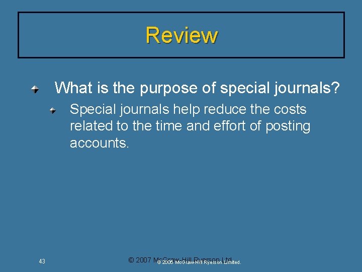 Review What is the purpose of special journals? Special journals help reduce the costs Review What is the purpose of special journals? Special journals help reduce the costs
