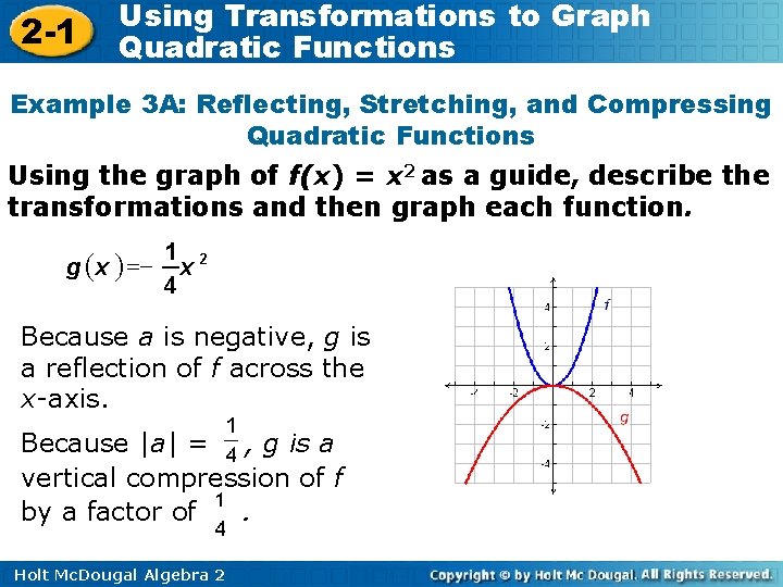 2 -1 Using Transformations to Graph Quadratic Functions Example 3 A: Reflecting, Stretching, and