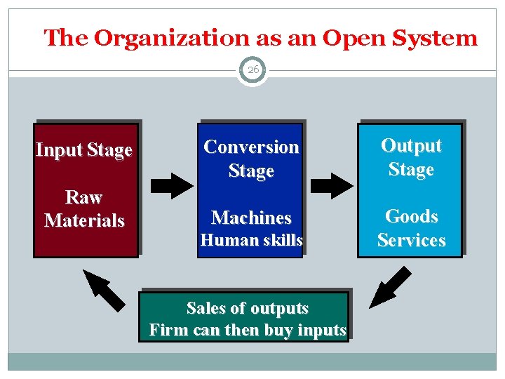 The Organization as an Open System 26 Input Stage Conversion Stage Output Stage Raw