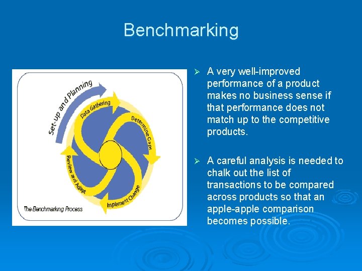 Benchmarking Ø A very well-improved performance of a product makes no business sense if