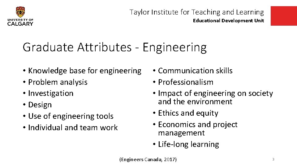 Taylor Institute for Teaching and Learning Educational Development Unit Graduate Attributes - Engineering •