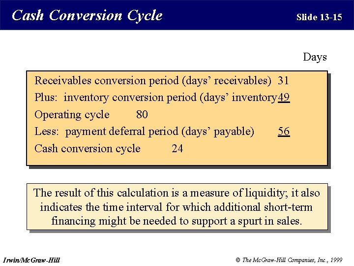 Cash Conversion Cycle Slide 13 -15 Days Receivables conversion period (days’ receivables) 31 Plus: