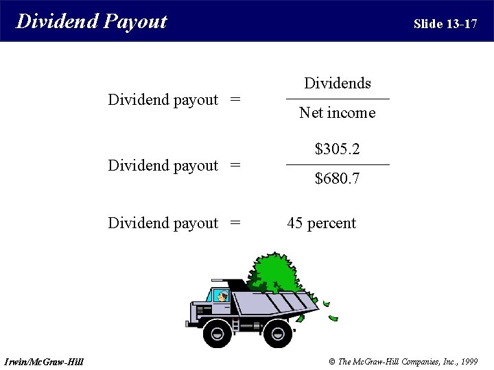 Dividend Payout Dividend payout = Irwin/Mc. Graw-Hill Slide 13 -17 Dividends Net income $305.