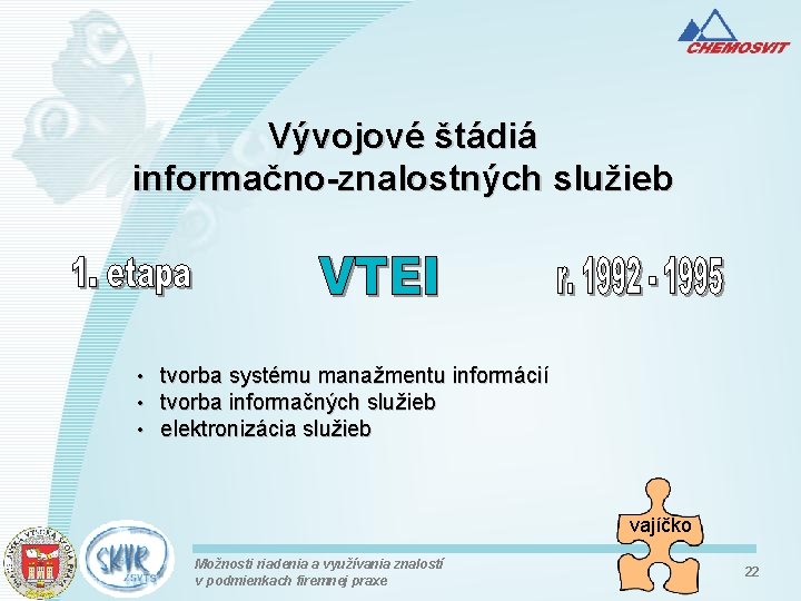 Vývojové štádiá informačno-znalostných služieb • • • tvorba systému manažmentu informácií tvorba informačných služieb