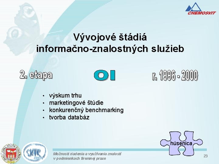 Vývojové štádiá informačno-znalostných služieb • • výskum trhu marketingové štúdie konkurenčný benchmarking tvorba databáz