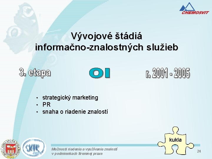 Vývojové štádiá informačno-znalostných služieb • • • strategický marketing PR snaha o riadenie znalostí