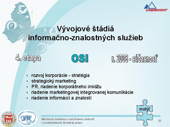 Vývojové štádiá informačno-znalostných služieb • • • rozvoj korporácie - stratégia strategický marketing PR,