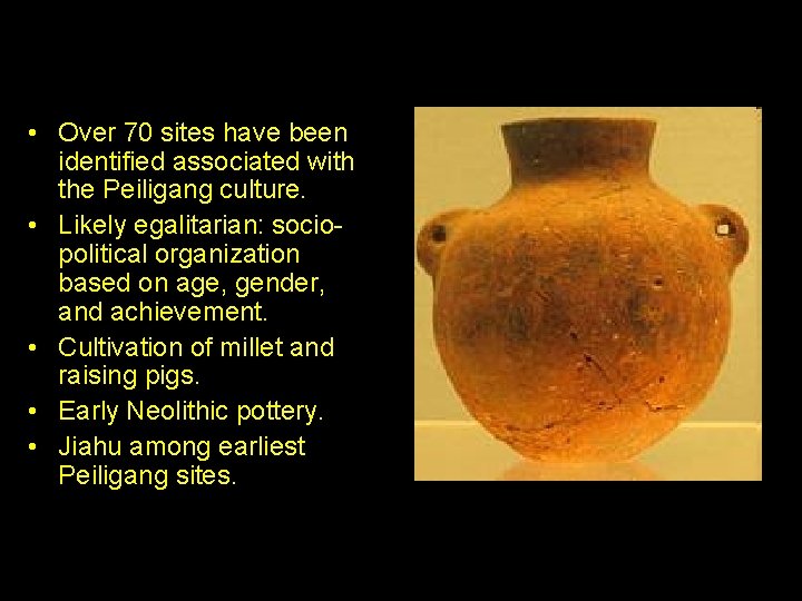  • Over 70 sites have been identified associated with the Peiligang culture. •