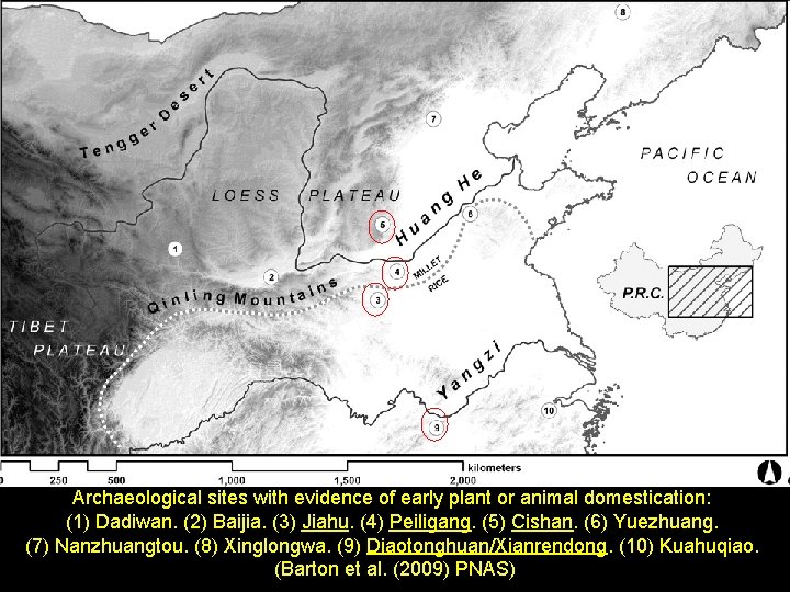 Archaeological sites with evidence of early plant or animal domestication: (1) Dadiwan. (2) Baijia.
