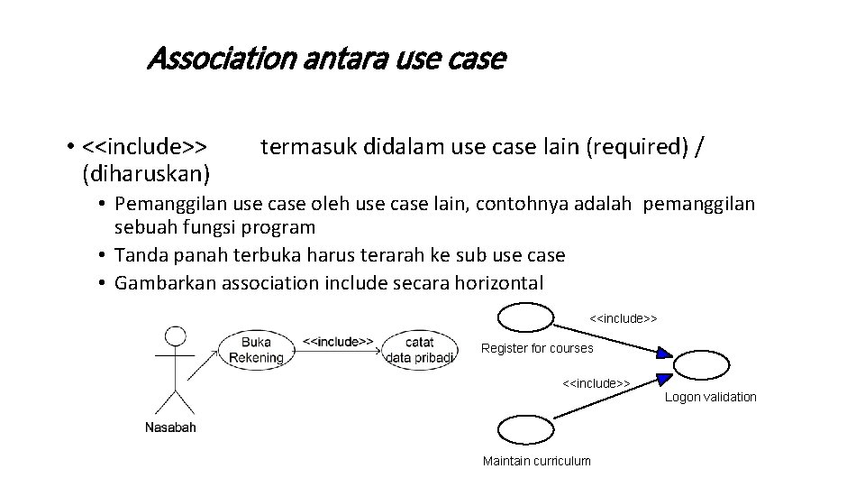 Association antara use case • <<include>> (diharuskan) termasuk didalam use case lain (required) /