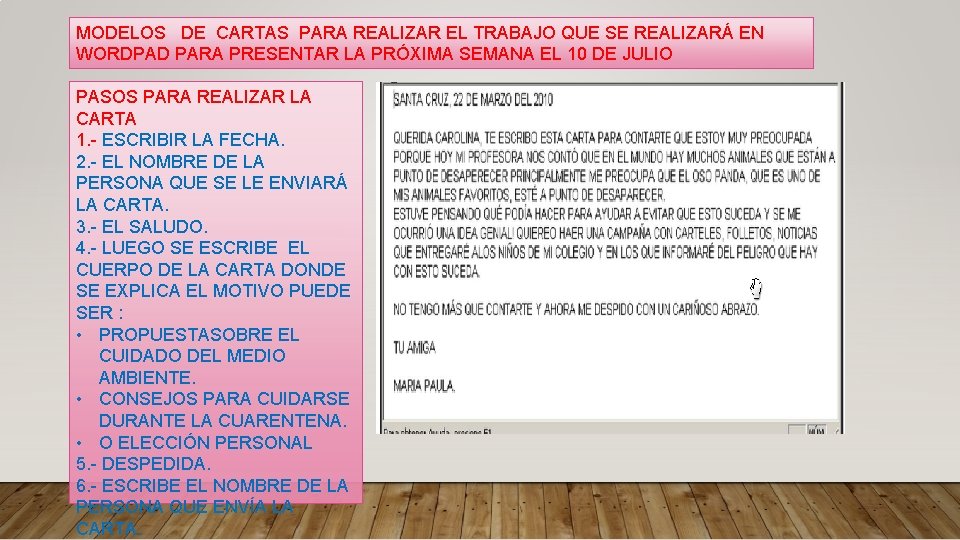 MODELOS DE CARTAS PARA REALIZAR EL TRABAJO QUE SE REALIZARÁ EN WORDPAD PARA PRESENTAR