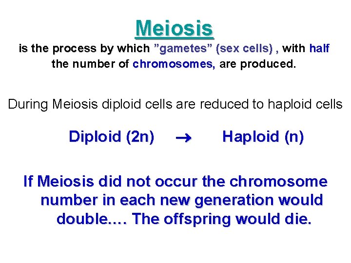 Meiosis is the process by which ”gametes” (sex cells) , with half the number