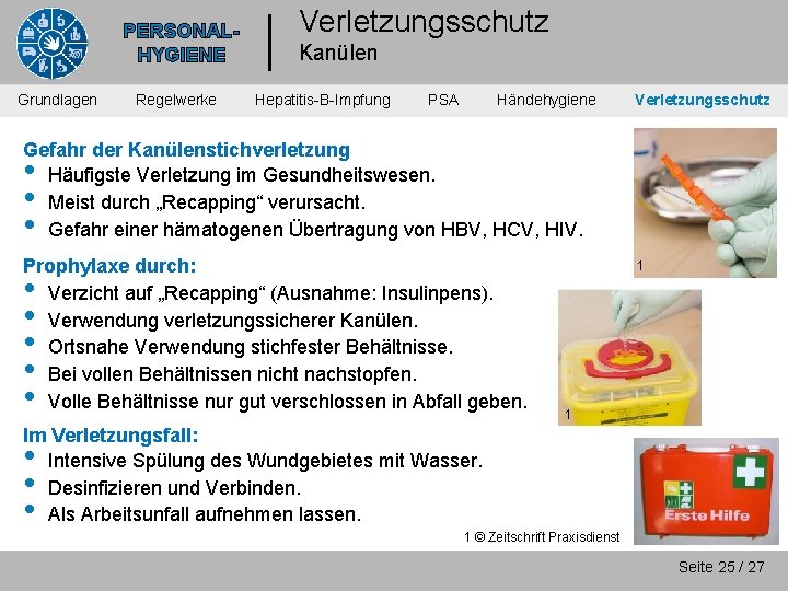 PERSONALHYGIENE Grundlagen Regelwerke Verletzungsschutz Kanülen Hepatitis-B-Impfung PSA Händehygiene Verletzungsschutz Gefahr der Kanülenstichverletzung Häufigste Verletzung