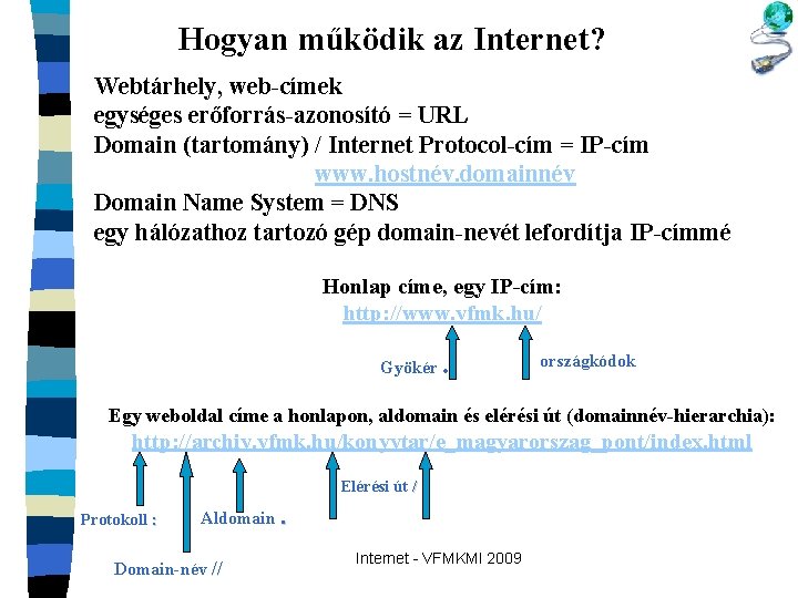 Hogyan működik az Internet? Webtárhely, web-címek egységes erőforrás-azonosító = URL Domain (tartomány) / Internet