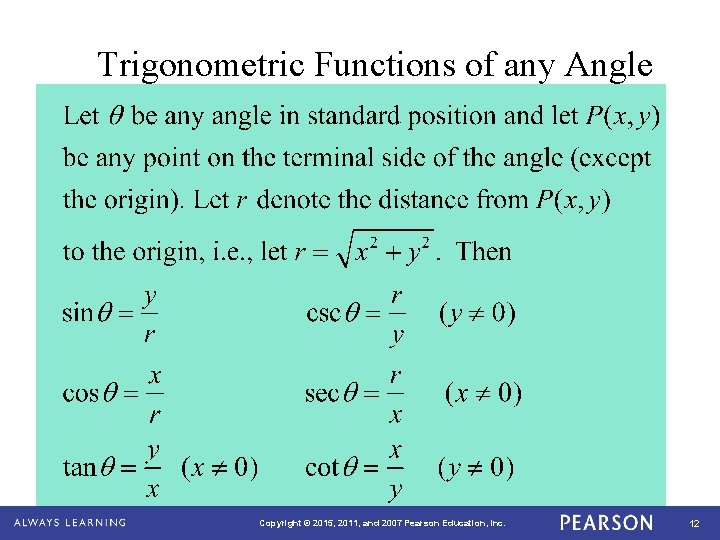 Trigonometric Functions of any Angle Copyright © 2015, 2011, and 2007 Pearson Education, Inc.