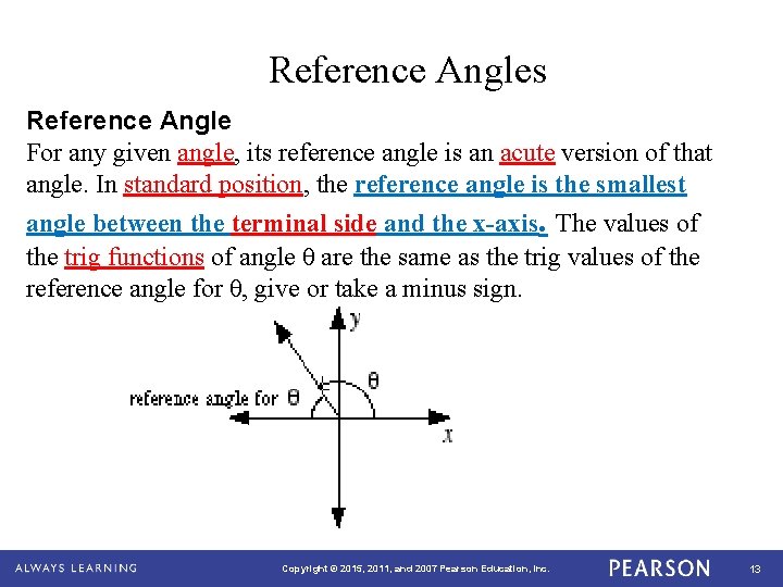 Reference Angles Reference Angle For any given angle, its reference angle is an acute