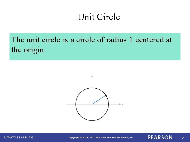 Unit Circle The unit circle is a circle of radius 1 centered at the