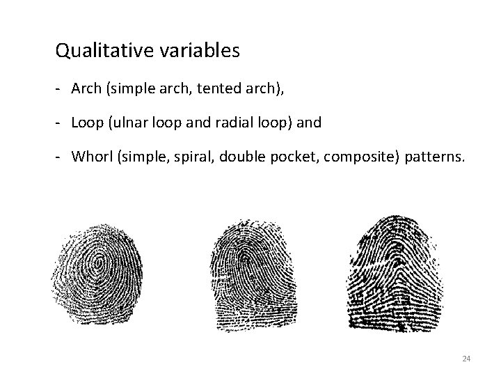 Qualitative variables - Arch (simple arch, tented arch), - Loop (ulnar loop and radial