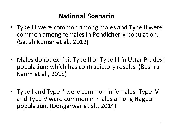 National Scenario • Type III were common among males and Type II were common