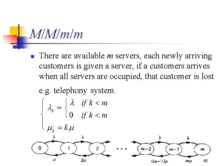 M/M/m/m n There available m servers, each newly arriving customers is given a server,