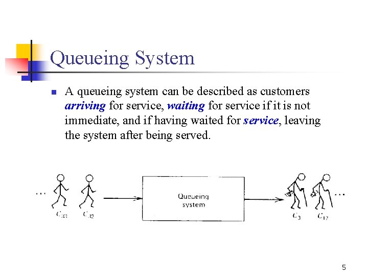 Queueing System n A queueing system can be described as customers arriving for service,