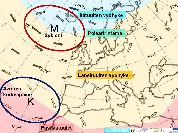 Itätuulten vyöhyke M Sykloni Polaaririntama Länsituulten vyöhyke Azorien korkeapaine K Pasaatituulet 