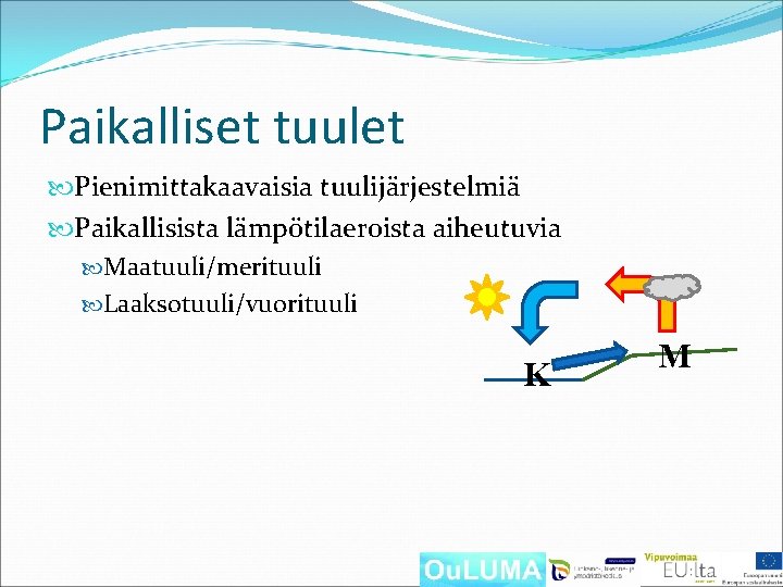 Paikalliset tuulet Pienimittakaavaisia tuulijärjestelmiä Paikallisista lämpötilaeroista aiheutuvia Maatuuli/merituuli Laaksotuuli/vuorituuli K M 