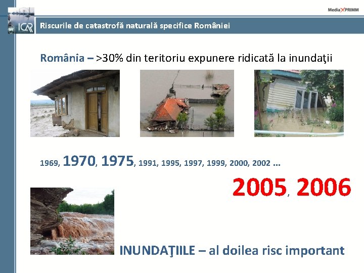 Riscurile de catastrofă naturală specifice României România – >30% din teritoriu expunere ridicată la