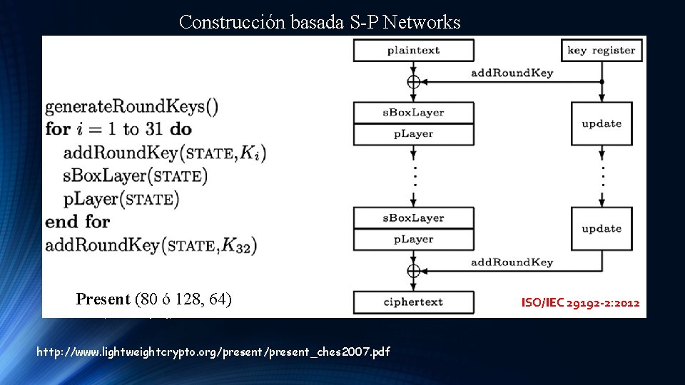 Construcción basada S-P Networks Present (80 ó 128, 64) http: //www. lightweightcrypto. org/present_ches 2007.