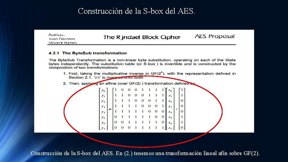 Construcción de la S-box del AES. En (2. ) tenemos una transformación lineal afín